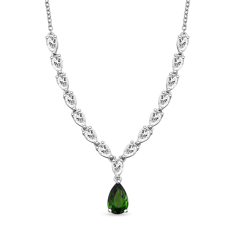 Chrome Diopside and White Topaz 5.00 ctw Drop Necklace 20 Inches in Rhodium Over Sterling Silver