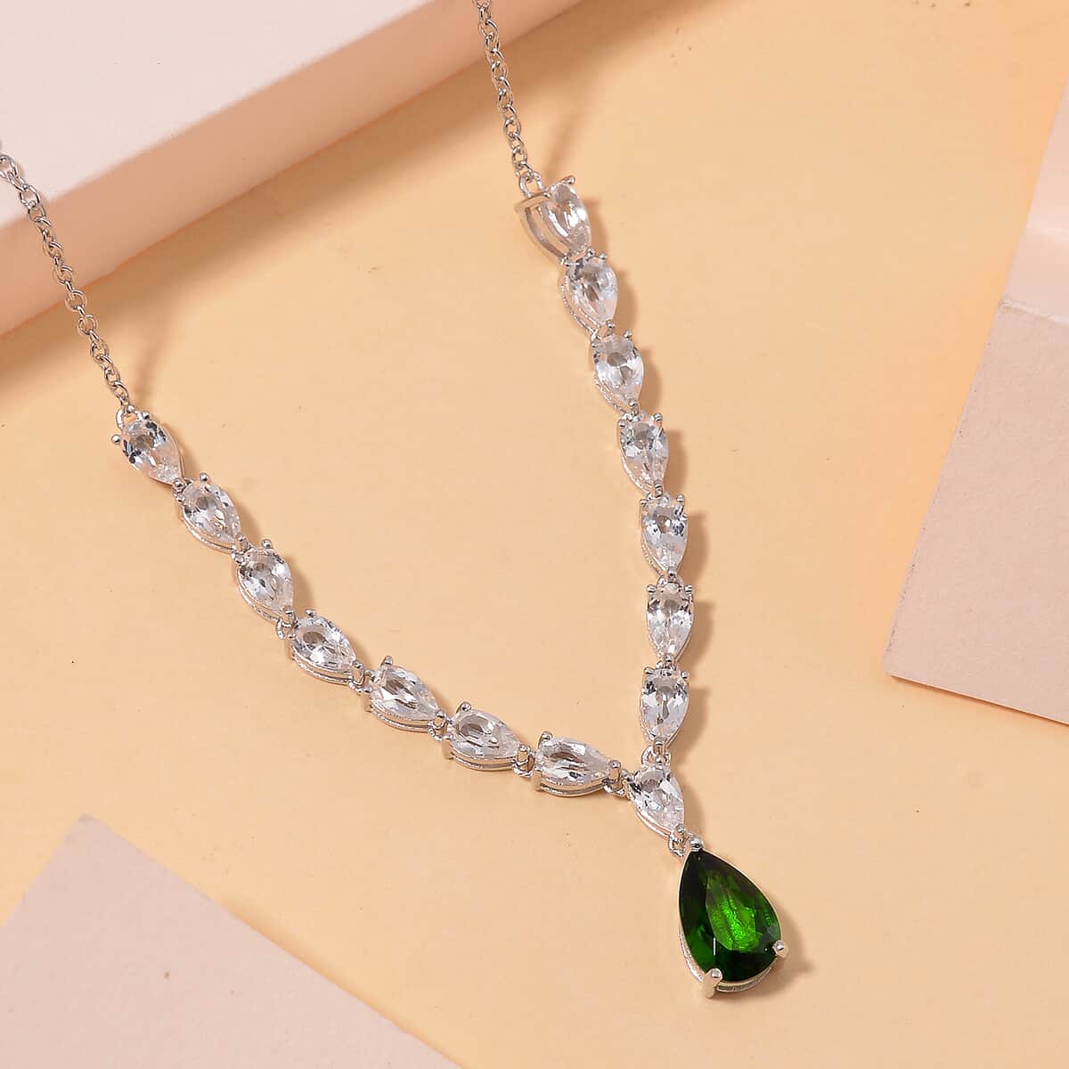 Chrome Diopside and White Topaz 5.00 ctw Drop Necklace 20 Inches in Rhodium Over Sterling Silver image number 1