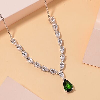 Chrome Diopside and White Topaz 5.00 ctw Drop Necklace 20 Inches in Rhodium Over Sterling Silver