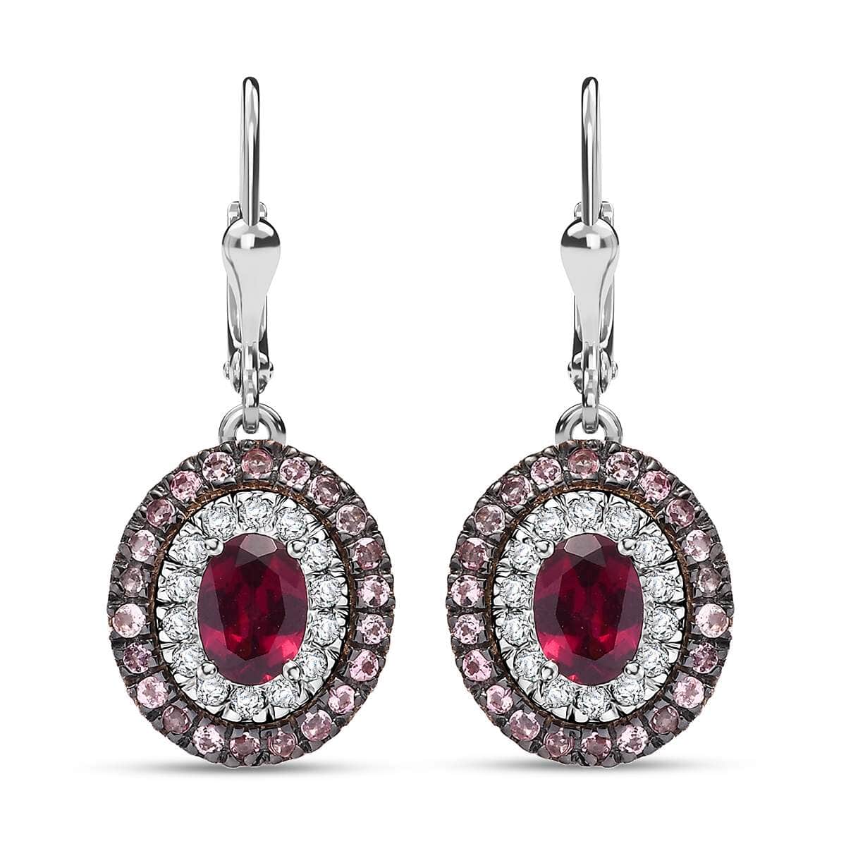 Orissa Rhodolite Garnet and Multi Gemstone 3.30 ctw Floral Double Halo Earrings in Rhodium Over Sterling Silver image number 0