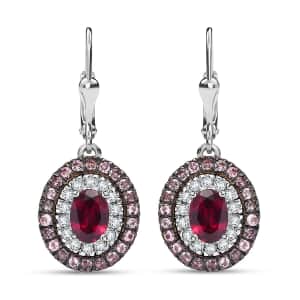 Orissa Rhodolite Garnet and Multi Gemstone 3.30 ctw Floral Double Halo Earrings in Rhodium Over Sterling Silver