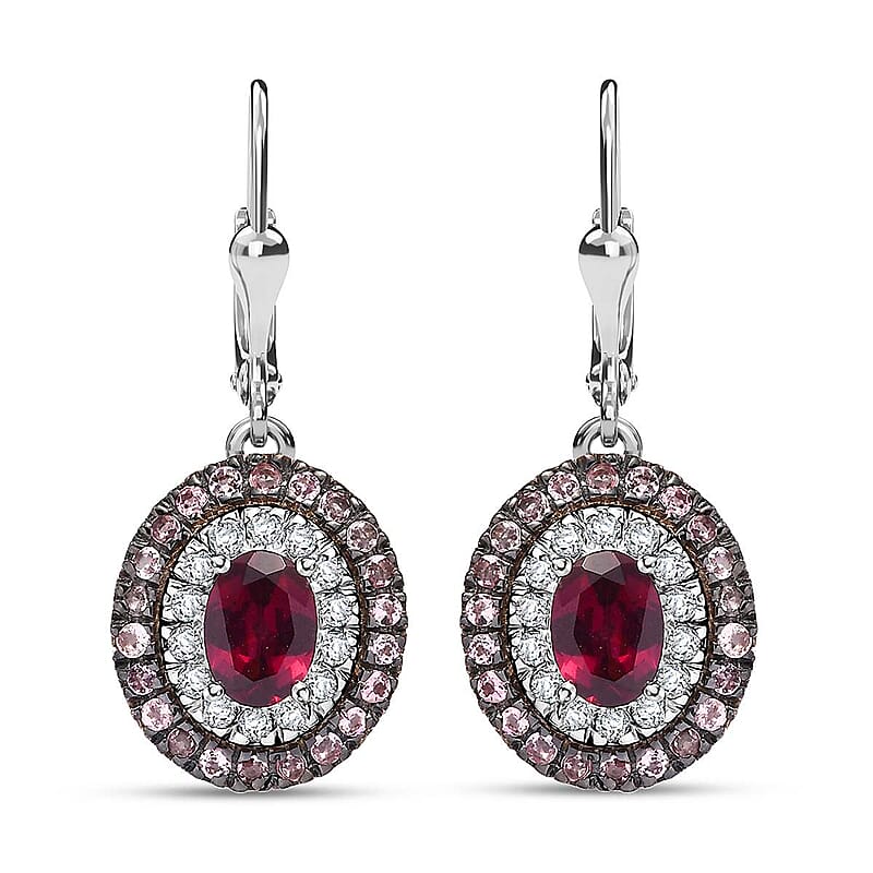 Orissa Rhodolite Garnet and Multi Gemstone 3.30 ctw Floral Double Halo Earrings in Rhodium Over Sterling Silver
