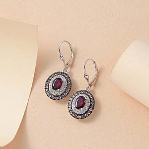 Orissa Rhodolite Garnet and Multi Gemstone 3.30 ctw Floral Double Halo Earrings in Rhodium Over Sterling Silver