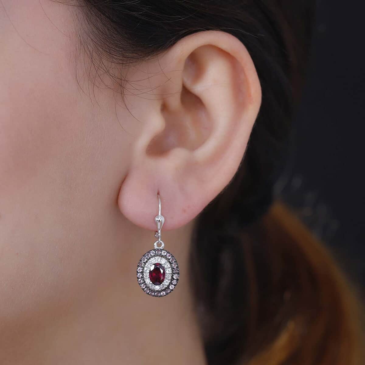 Orissa Rhodolite Garnet and Multi Gemstone 3.30 ctw Floral Double Halo Earrings in Rhodium Over Sterling Silver image number 2