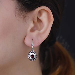 Orissa Rhodolite Garnet and Multi Gemstone 3.30 ctw Floral Double Halo Earrings in Rhodium Over Sterling Silver