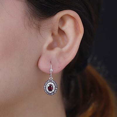Orissa Rhodolite Garnet and Multi Gemstone 3.30 ctw Floral Double Halo Earrings in Rhodium Over Sterling Silver