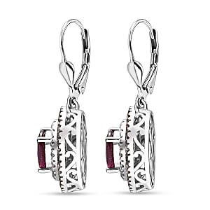 Orissa Rhodolite Garnet and Multi Gemstone 3.30 ctw Floral Double Halo Earrings in Rhodium Over Sterling Silver