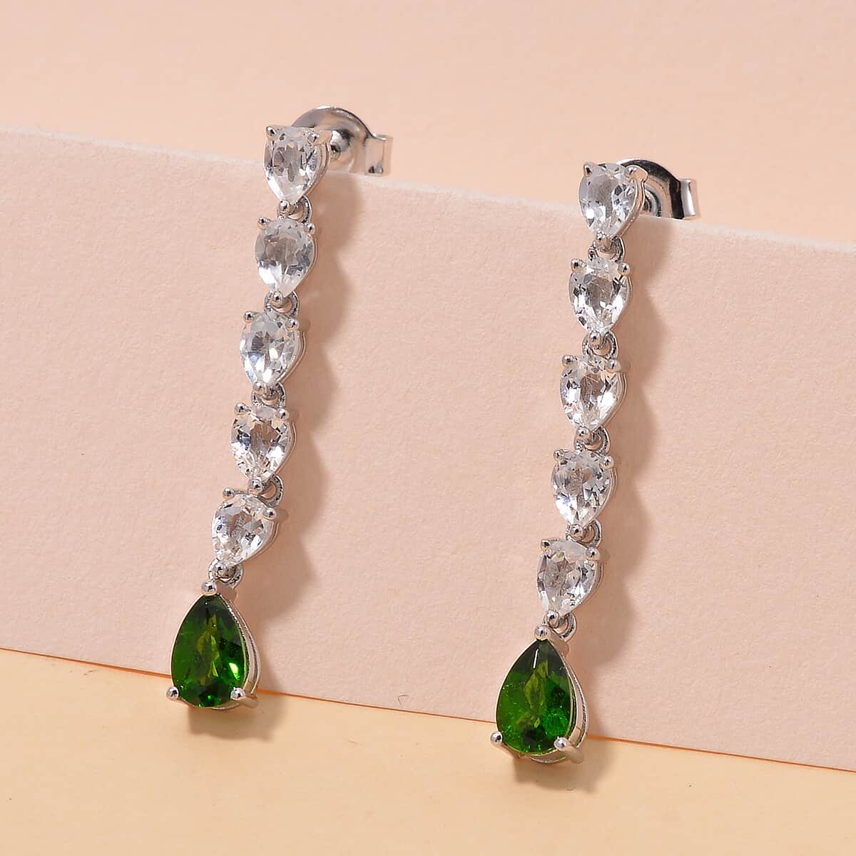 Chrome Diopside and White Topaz 2.75 ctw Dangle Earrings in Rhodium Over Sterling Silver image number 1