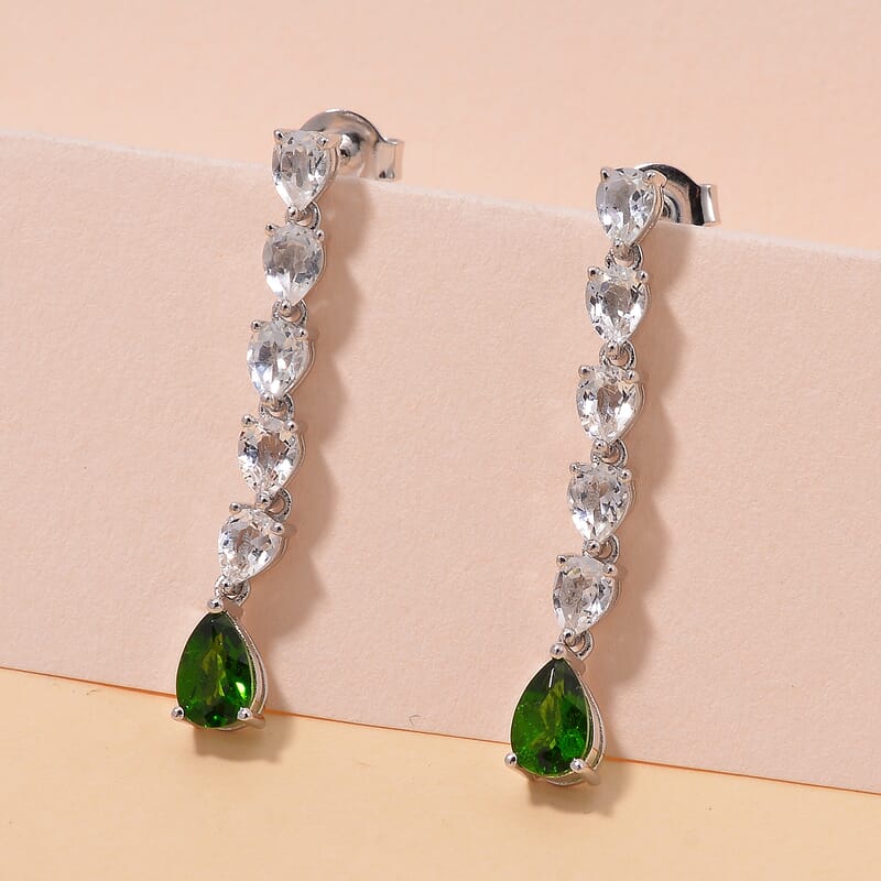 Chrome Diopside and White Topaz 2.75 ctw Dangle Earrings in Rhodium Over Sterling Silver