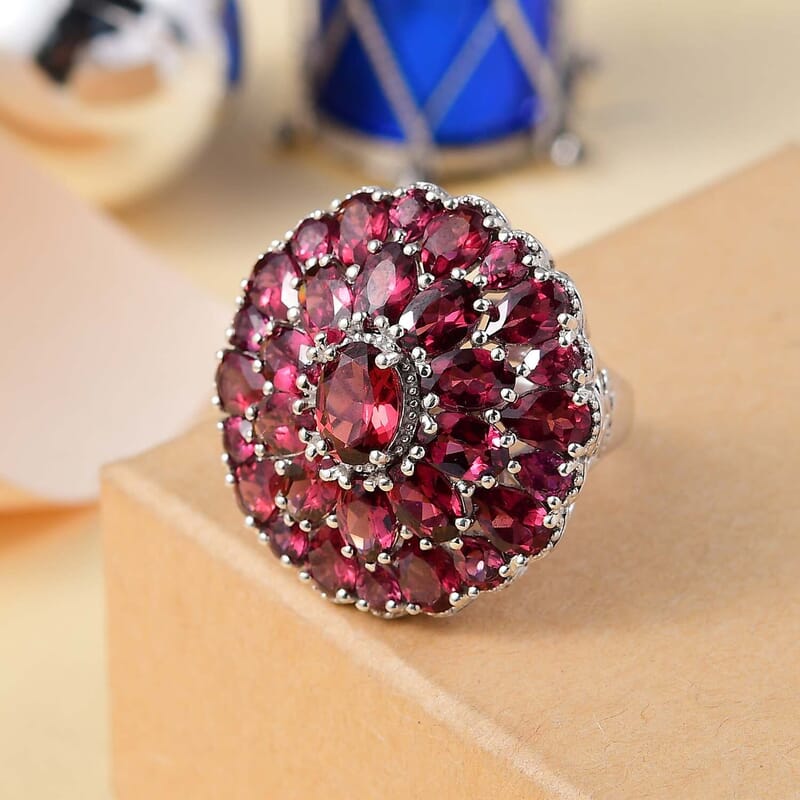 Tanzanian Wine Garnet 13.30 ctw Bloom Radiance Ring in Rhodium Over Sterling Silver (Size 10.0)