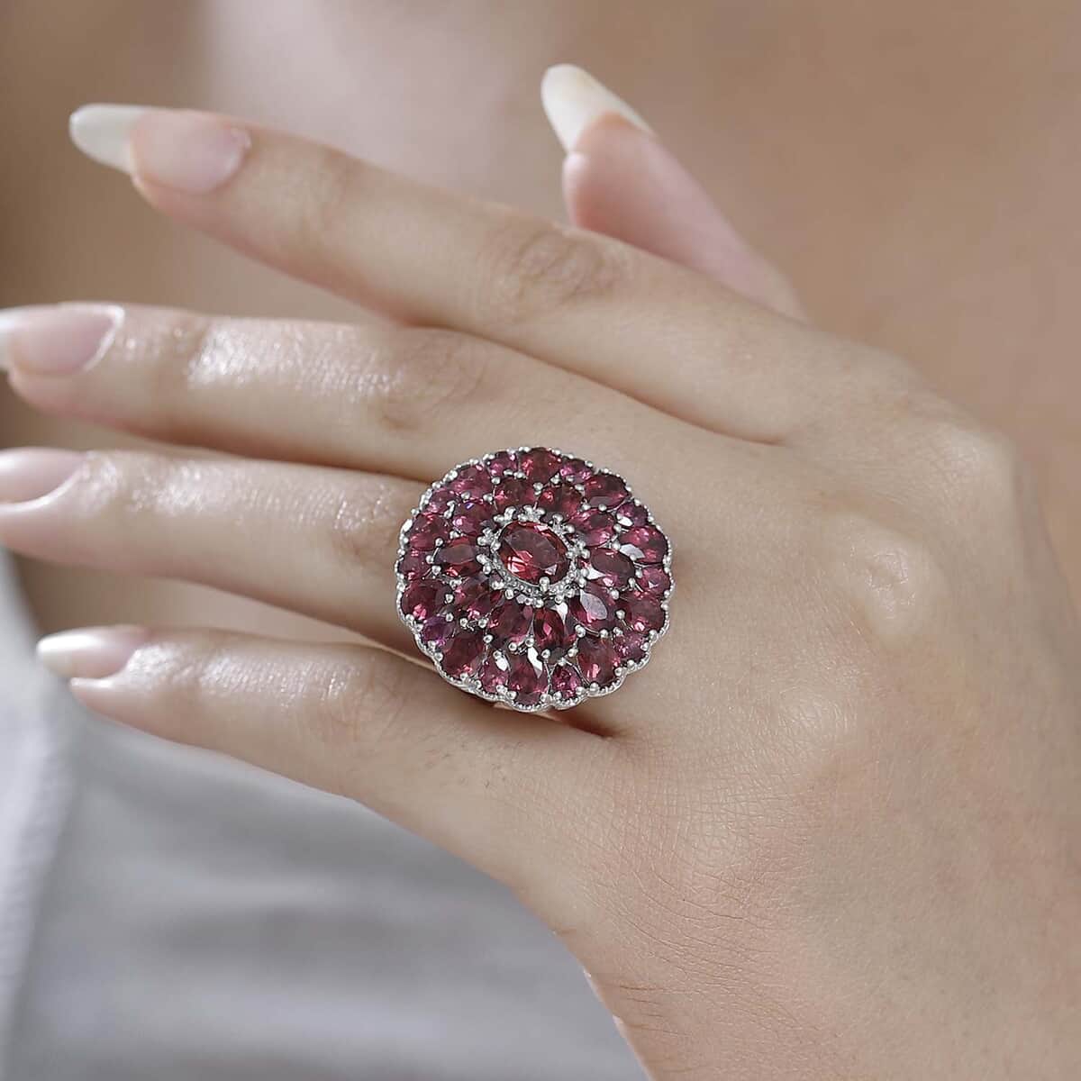 Tanzanian Wine Garnet 13.30 ctw Bloom Radiance Ring in Rhodium Over Sterling Silver (Size 10.0) image number 2