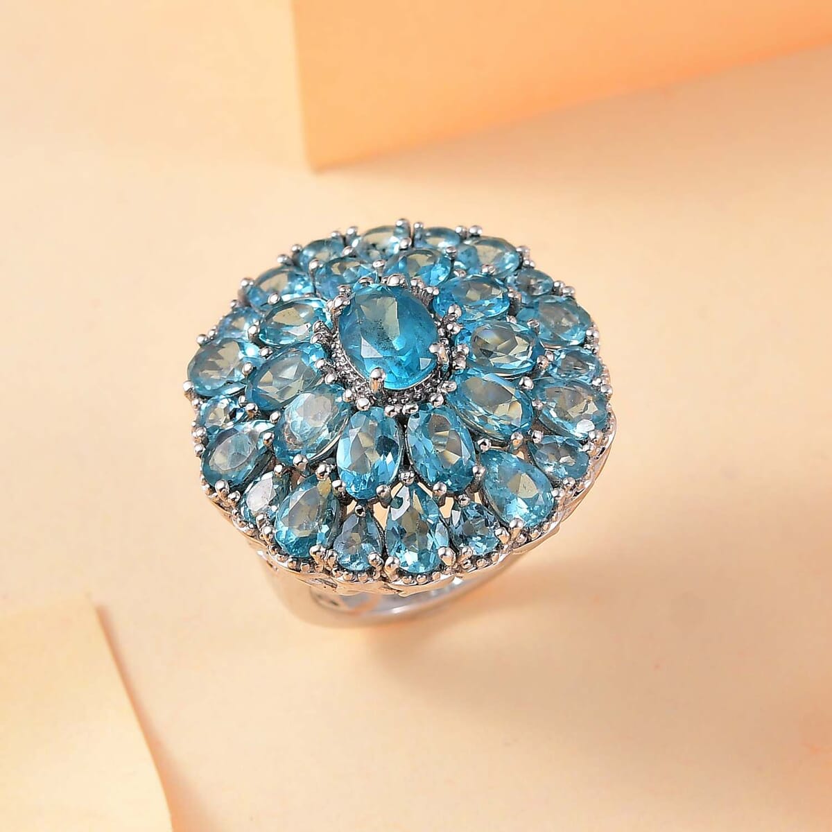Betroka Blue Apatite 11.60 ctw Bloom Radiance Ring in Rhodium Over Sterling Silver (Size 7.0) image number 1