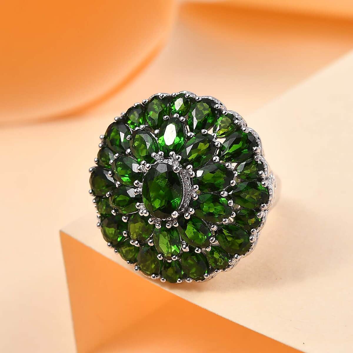 Chrome Diopside 11.60 ctw Bloom Radiance Ring in Rhodium Over Sterling Silver (Size 10.0) image number 1