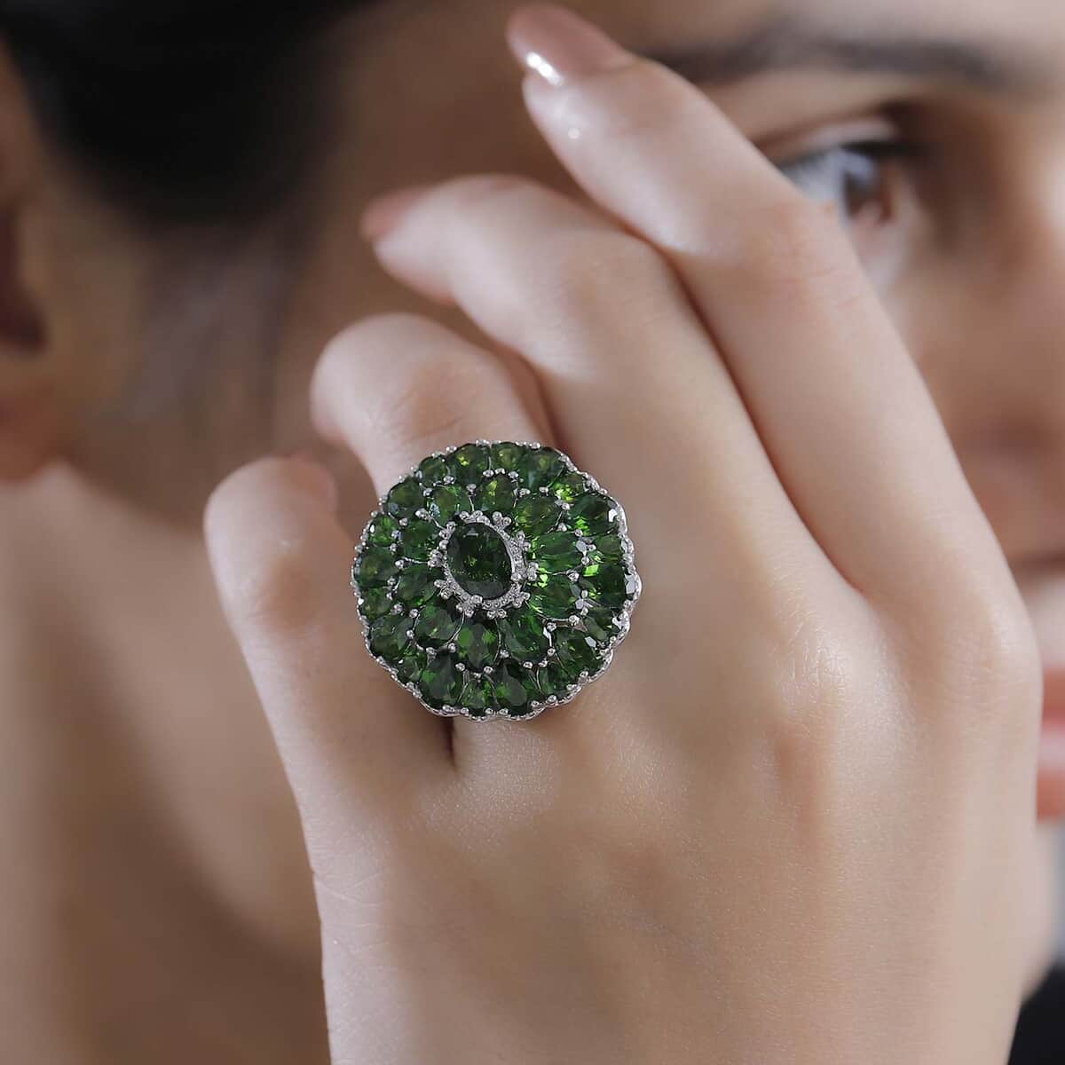 Chrome Diopside 11.60 ctw Bloom Radiance Ring in Rhodium Over Sterling Silver (Size 10.0) image number 2