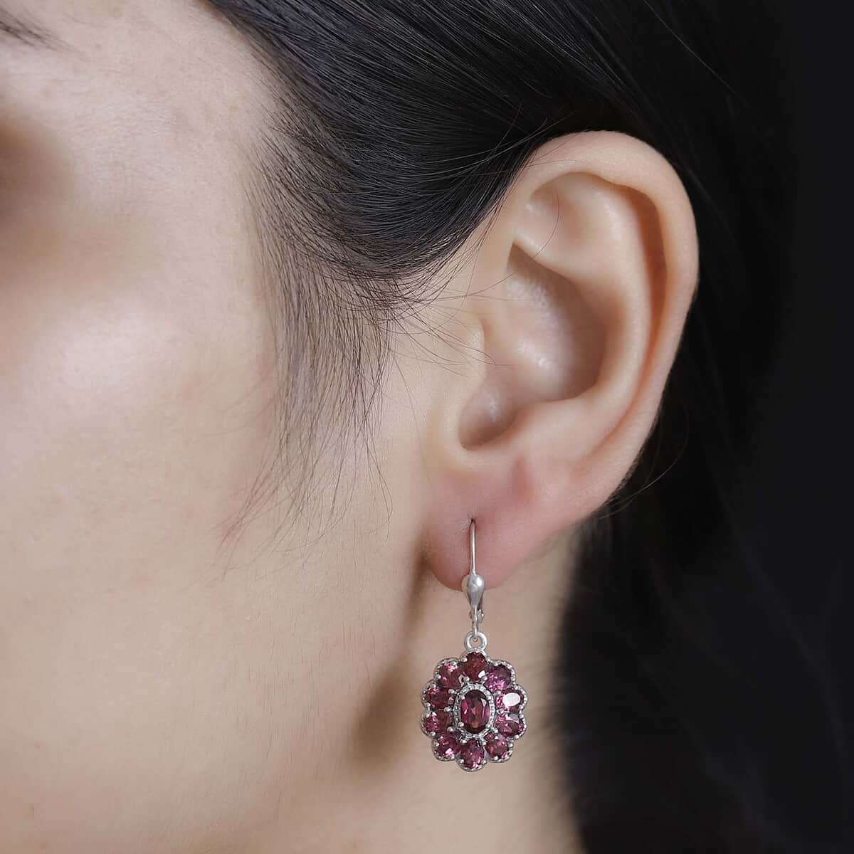 Tanzanian Wine Garnet 5.15 ctw Bloom Radiance Earrings in Rhodium Over Sterling Silver  image number 2