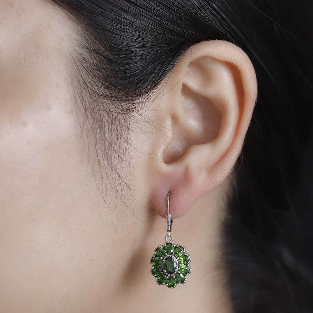 Chrome Diopside 4.65 ctw Bloom Radiance Earrings in Rhodium Over Sterling Silver  image number 2