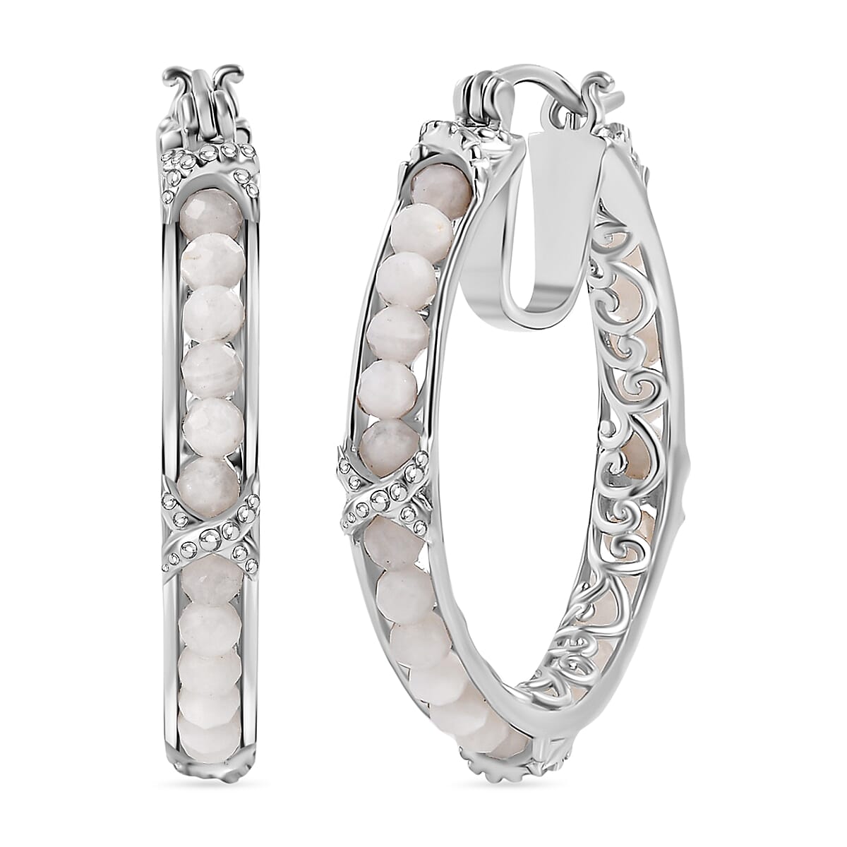 White Moonstone 11.50 ctw Hoop Earrings in Platinum Bond