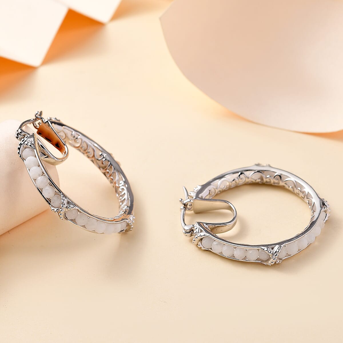 White Moonstone 11.50 ctw Hoop Earrings in Platinum Bond image number 1