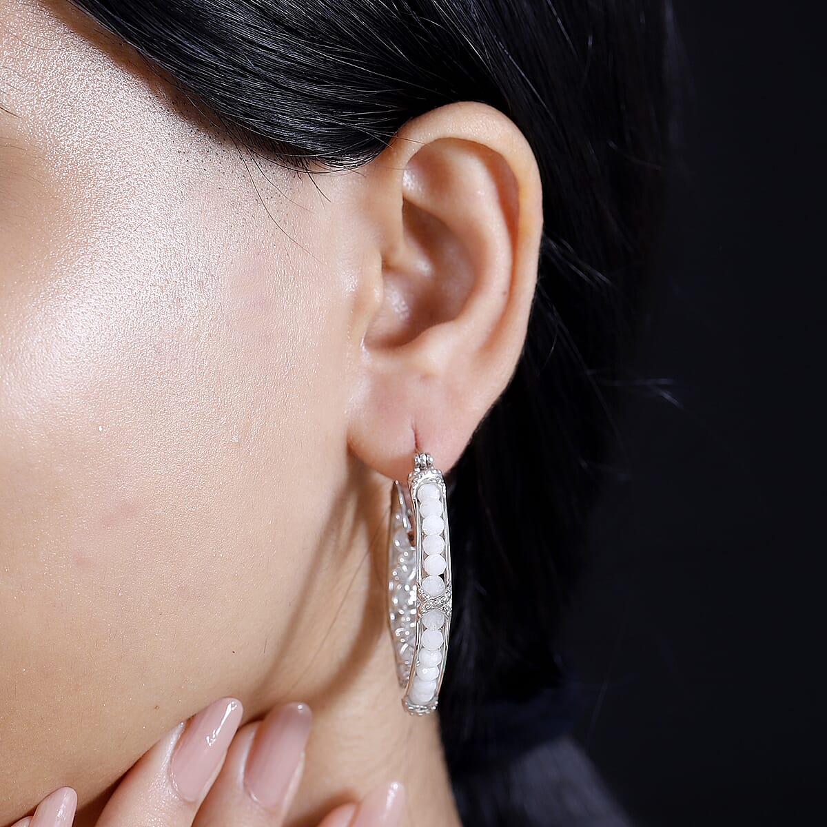 White Moonstone 11.50 ctw Hoop Earrings in Platinum Bond image number 2