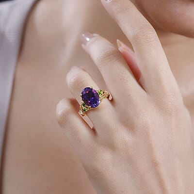 AAA Moroccan Amethyst and Chrome Diopside 6.50 ctw Floral Majesty Ring in 18K Vermeil Yellow Gold Over Sterling Silver (Size 6.0)