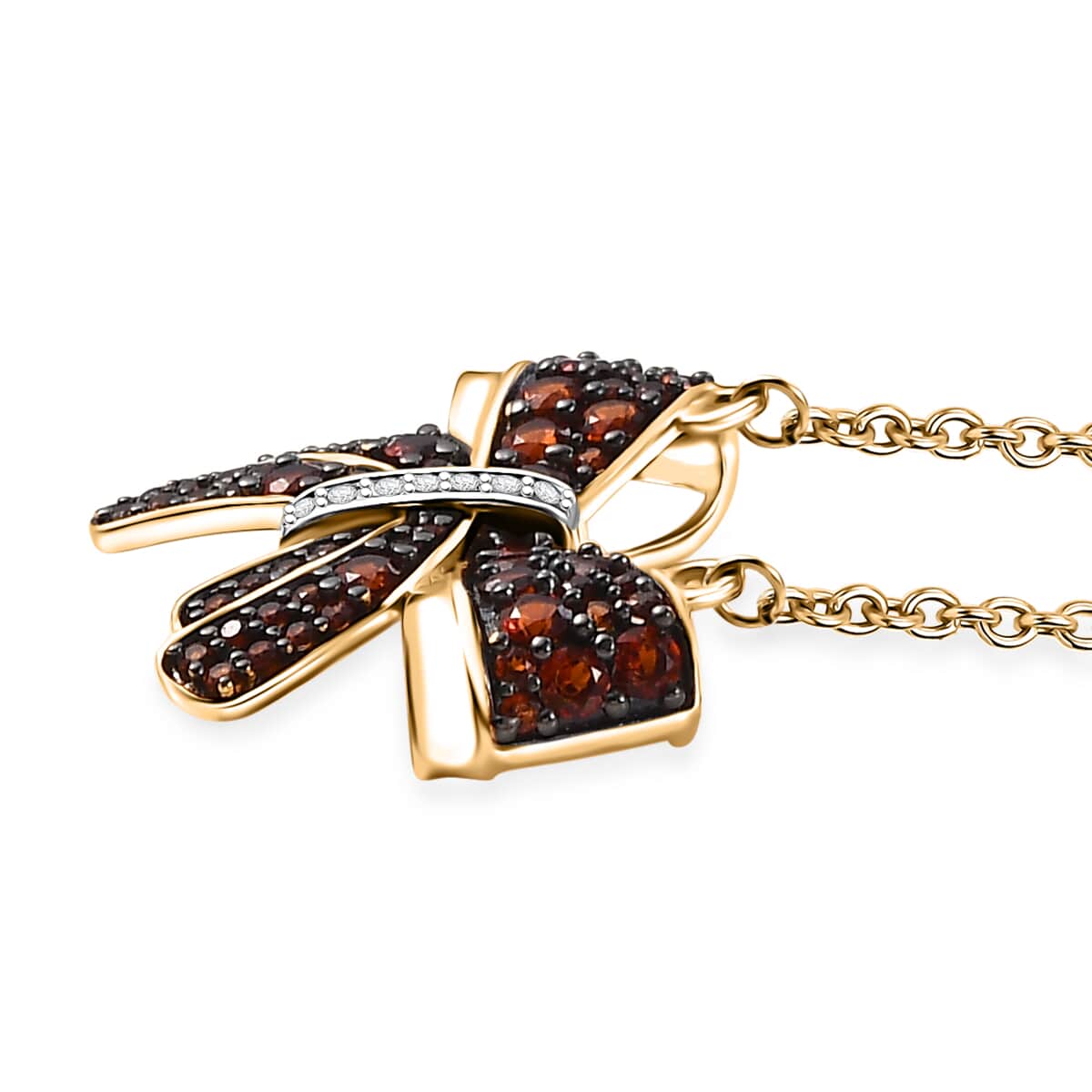 Karis Mozambique Garnet and White Zircon 1.60 ctw Bow Knot Necklace in 18K Yellow Gold Plated with ION Plated YG Steel Chain 18 Inches image number 3