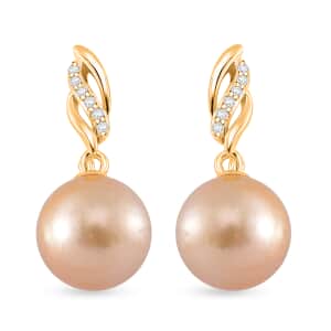 South Sea Golden Cultured Pearl and White Zircon 0.15 ctw Drop Earrings in 18K Vermeil Yellow Gold Over Sterling Silver