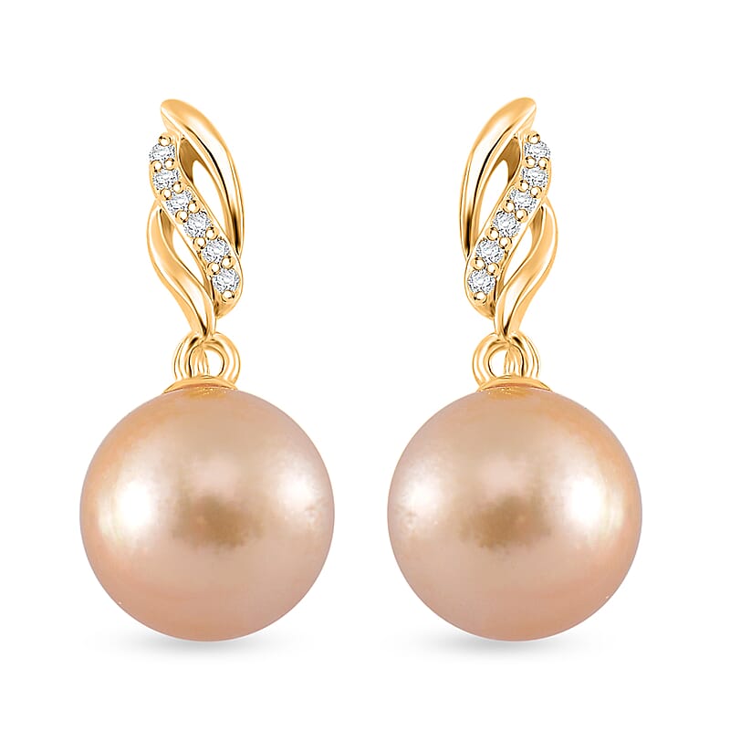 South Sea Golden Cultured Pearl and White Zircon 0.15 ctw Drop Earrings in 18K Vermeil Yellow Gold Over Sterling Silver