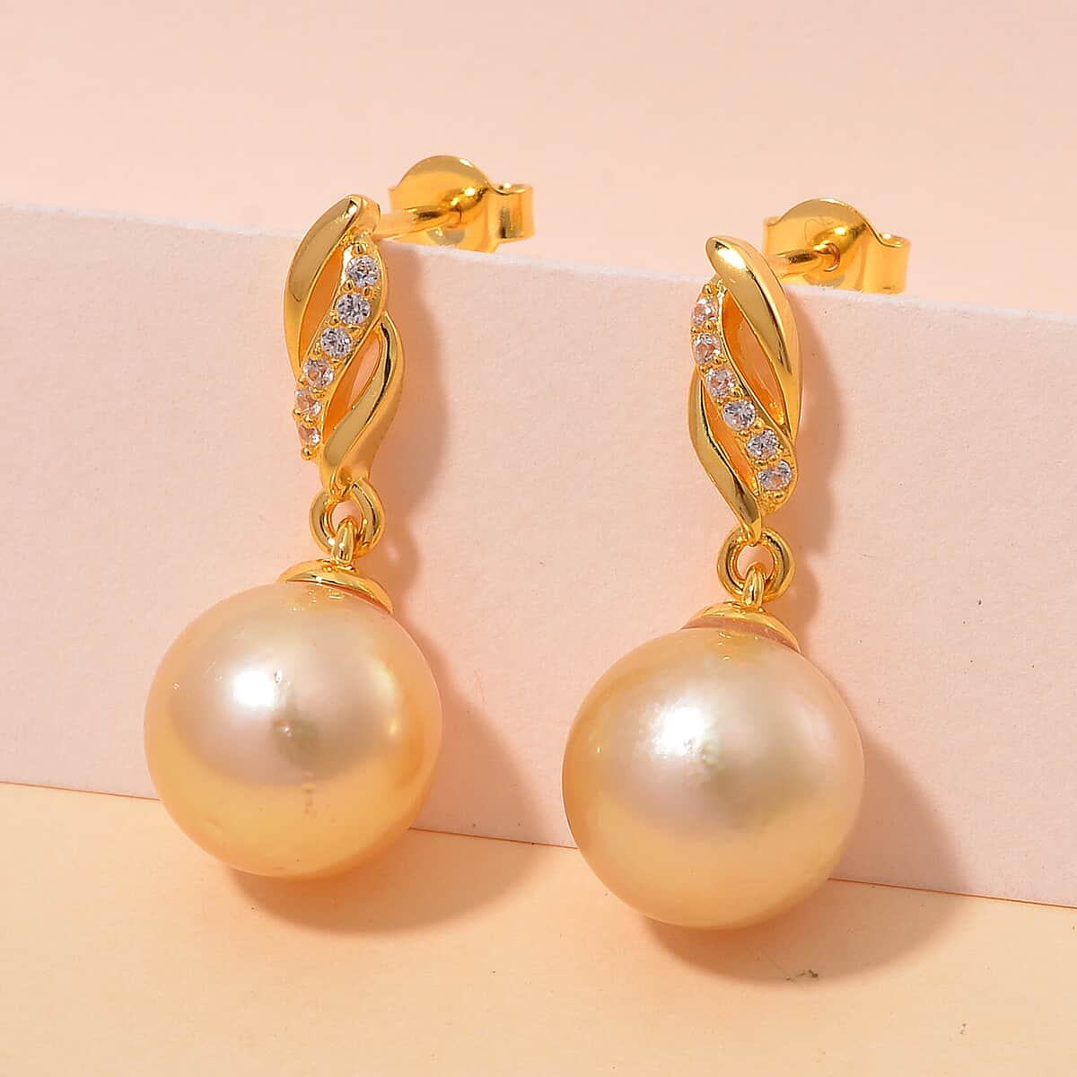 South Sea Golden Cultured Pearl and White Zircon 0.15 ctw Drop Earrings in 18K Vermeil Yellow Gold Over Sterling Silver image number 1