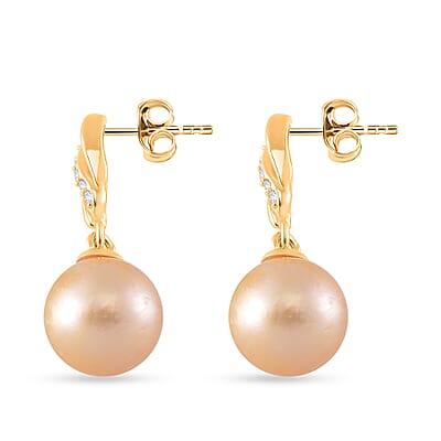 South Sea Golden Cultured Pearl and White Zircon 0.15 ctw Drop Earrings in 18K Vermeil Yellow Gold Over Sterling Silver