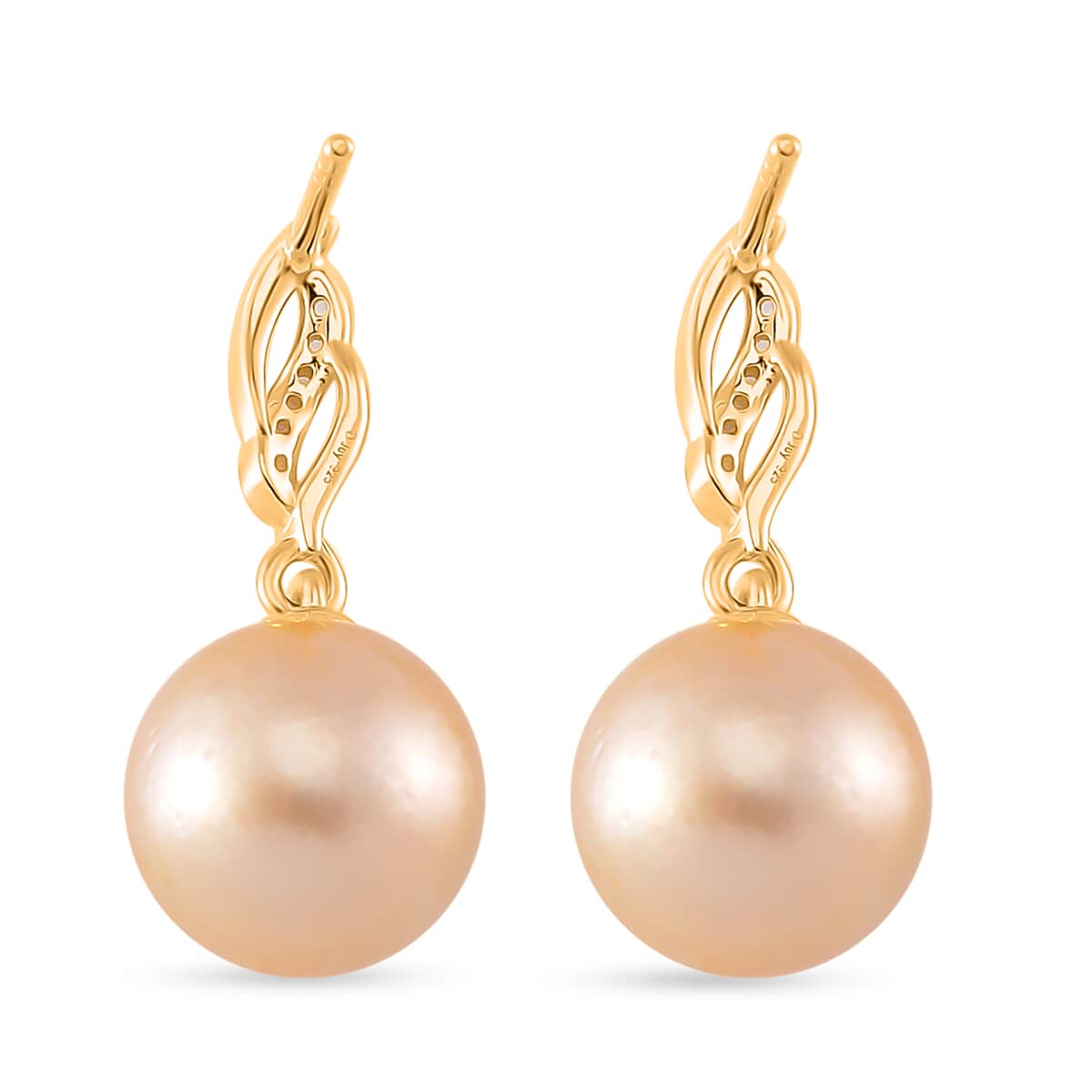 South Sea Golden Cultured Pearl and White Zircon 0.15 ctw Drop Earrings in 18K Vermeil Yellow Gold Over Sterling Silver image number 4