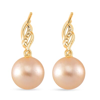 South Sea Golden Cultured Pearl and White Zircon 0.15 ctw Drop Earrings in 18K Vermeil Yellow Gold Over Sterling Silver
