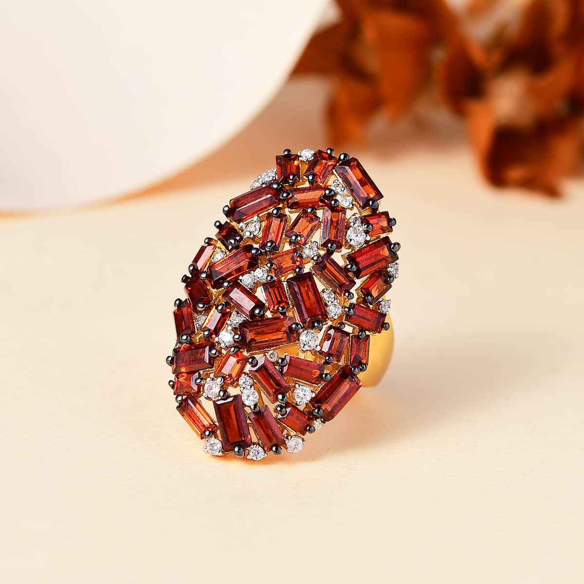 Karis Mozambique Garnet and White Zircon 6.30 ctw Hydrangea Flower Ring in 18K Yellow Gold Plated image number 1