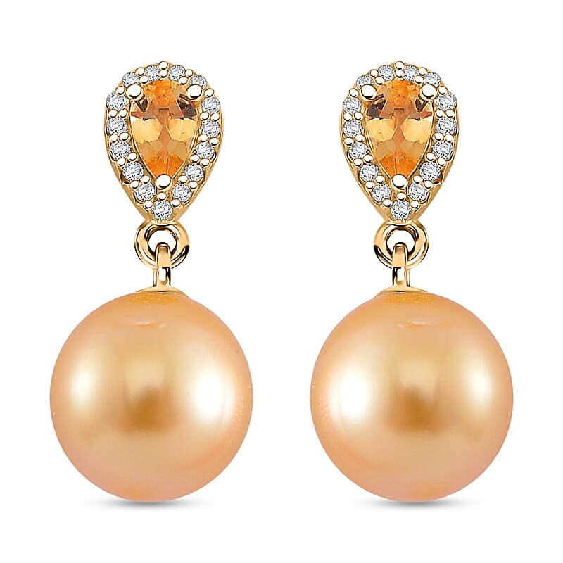 South Sea Golden Cultured Pearl and Multi Gemstone 0.60 ctw Drop Earrings in 18K Vermeil Yellow Gold Over Sterling Silver