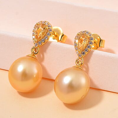 South Sea Golden Cultured Pearl and Multi Gemstone 0.60 ctw Drop Earrings in 18K Vermeil Yellow Gold Over Sterling Silver