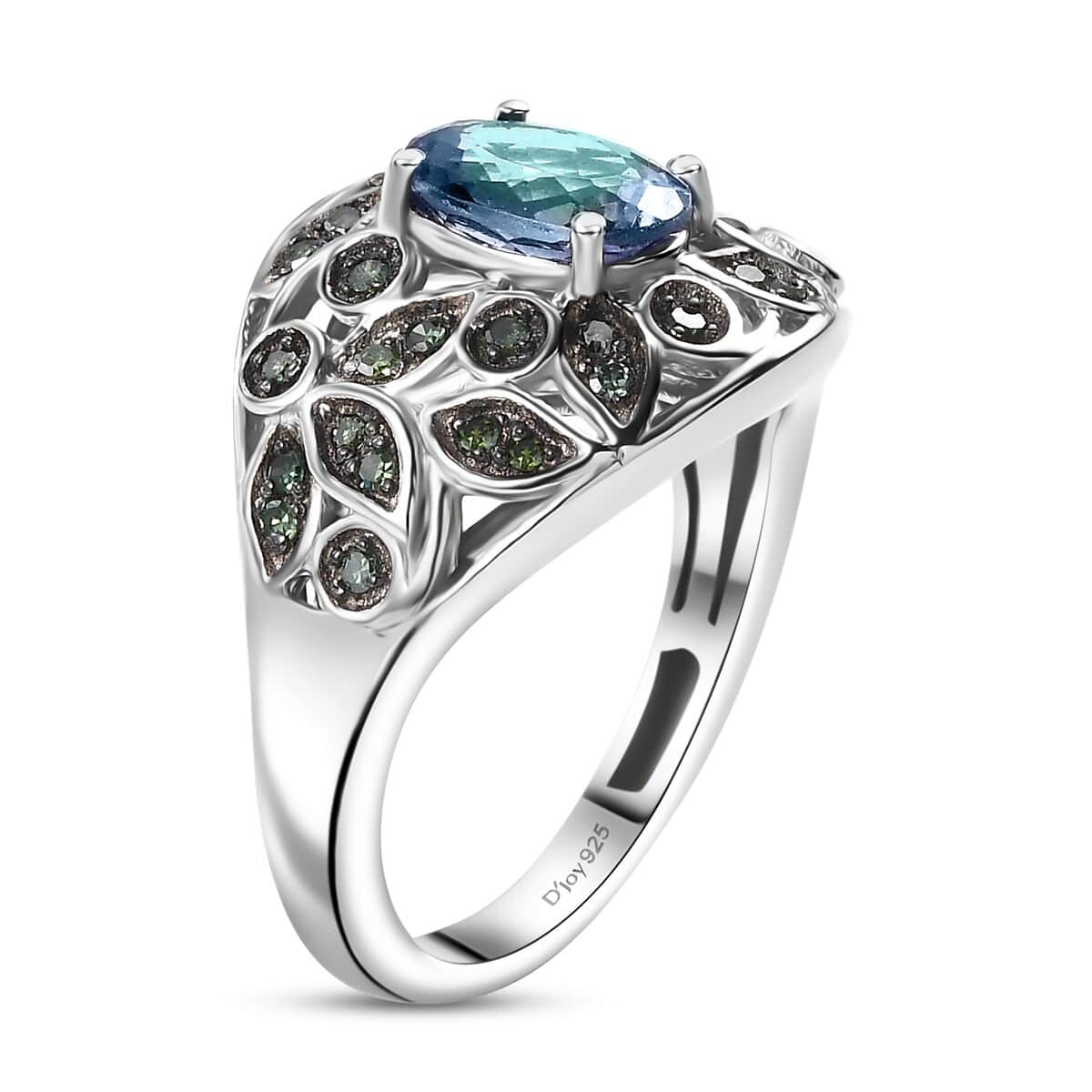 Peacock Tanzanite and Green Diamond 1.40 ctw Ring in Rhodium Over Sterling Silver (Size 10.0) image number 3