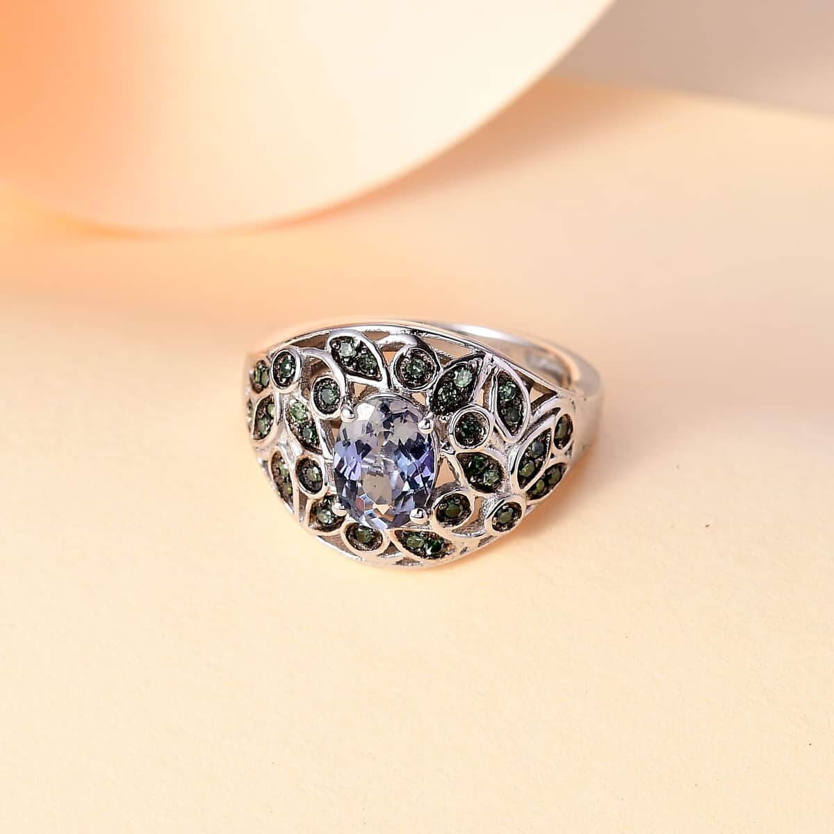 Peacock Tanzanite and Green Diamond 1.40 ctw Ring in Rhodium Over Sterling Silver (Size 6.0) image number 1