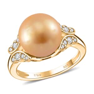 South Sea Golden Cultured Pearl and White Zircon 0.50 ctw Butterfly Ring in 18K Vermeil Yellow Gold Over Sterling Silver (Size 10.0)