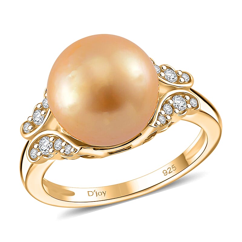 South Sea Golden Cultured Pearl and White Zircon 0.50 ctw Butterfly Ring in 18K Vermeil Yellow Gold Over Sterling Silver (Size 10.0)