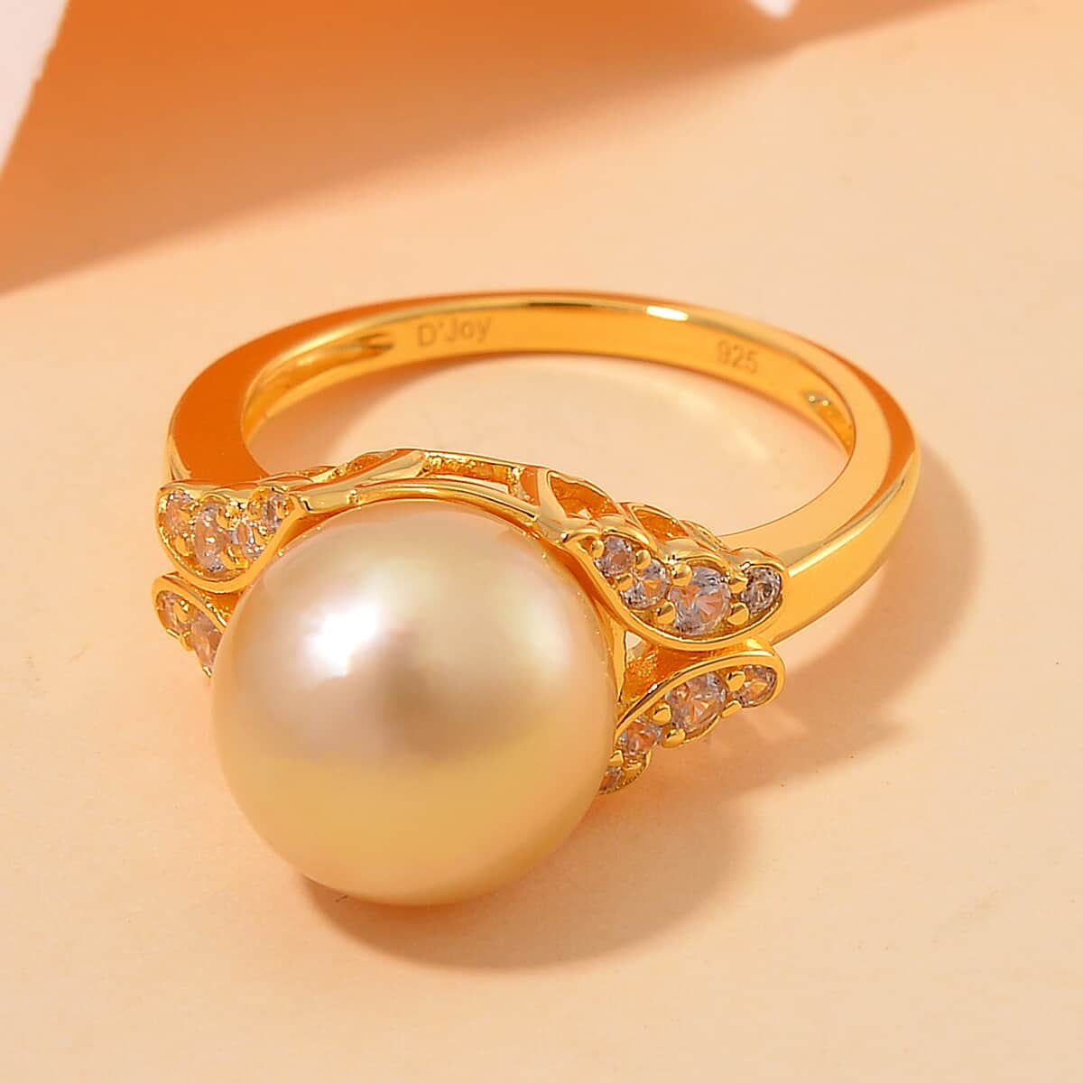 Golden South Sea Pearl 11-12mm, White Zircon Ring in 18K Vermeil YG Over Sterling Silver (Size 10.0) 0.50 ctw image number 1