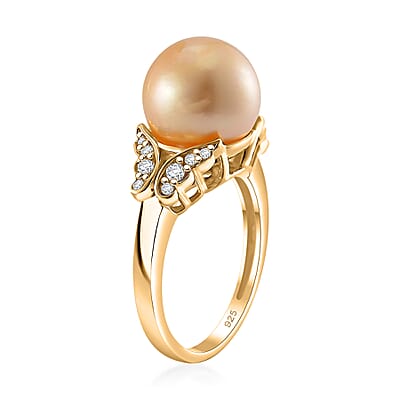 South Sea Golden Cultured Pearl and White Zircon 0.50 ctw Butterfly Ring in 18K Vermeil Yellow Gold Over Sterling Silver (Size 10.0)