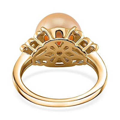 South Sea Golden Cultured Pearl and White Zircon 0.50 ctw Butterfly Ring in 18K Vermeil Yellow Gold Over Sterling Silver (Size 10.0)