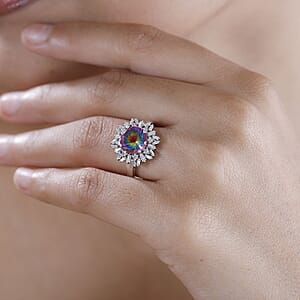 D'Joy Nebula Quartz Doublet and Moissanite 3.75 ctw Sunburst Ring in Rhodium Over Sterling Silver (Size 10.0)