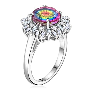 D'Joy Nebula Quartz Doublet and Moissanite 3.75 ctw Sunburst Ring in Rhodium Over Sterling Silver (Size 10.0)