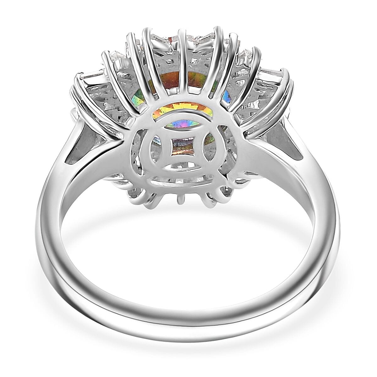 D'Joy Nebula Quartz Doublet and Moissanite 3.75 ctw Sunburst Ring in Rhodium Over Sterling Silver (Size 10.0)