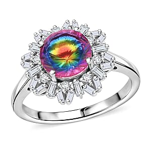 D'Joy Nebula Quartz Doublet and Moissanite 3.75 ctw Sunburst Ring in Rhodium Over Sterling Silver (Size 5.0)