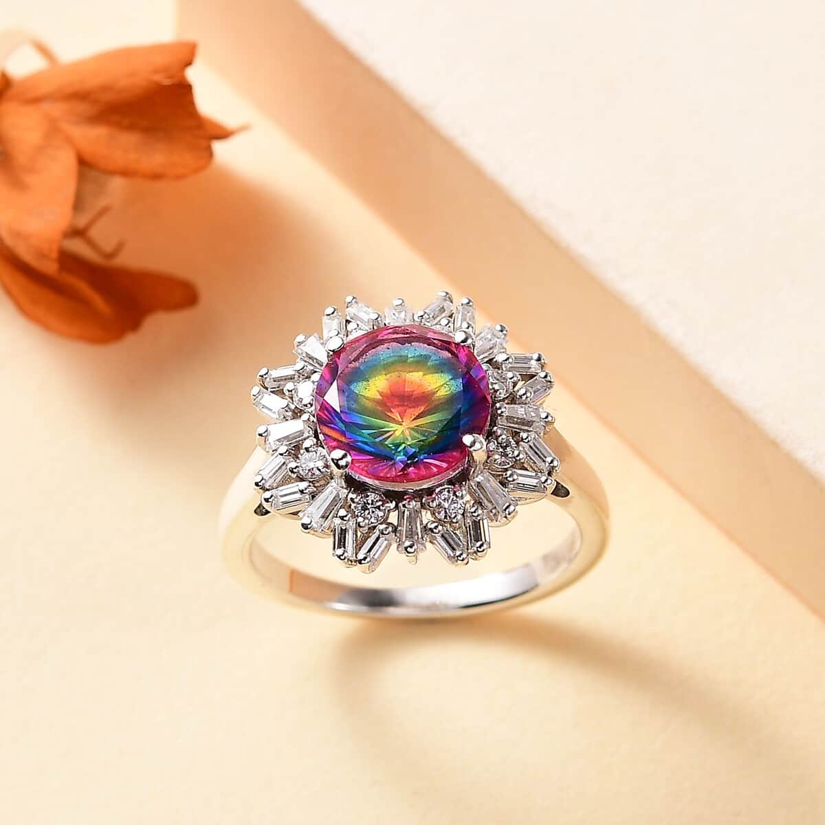 Nebula Quartz Doublet and Moissanite 3.75 ctw Sunburst Ring in Rhodium Over Sterling Silver (Size 9.0) image number 1