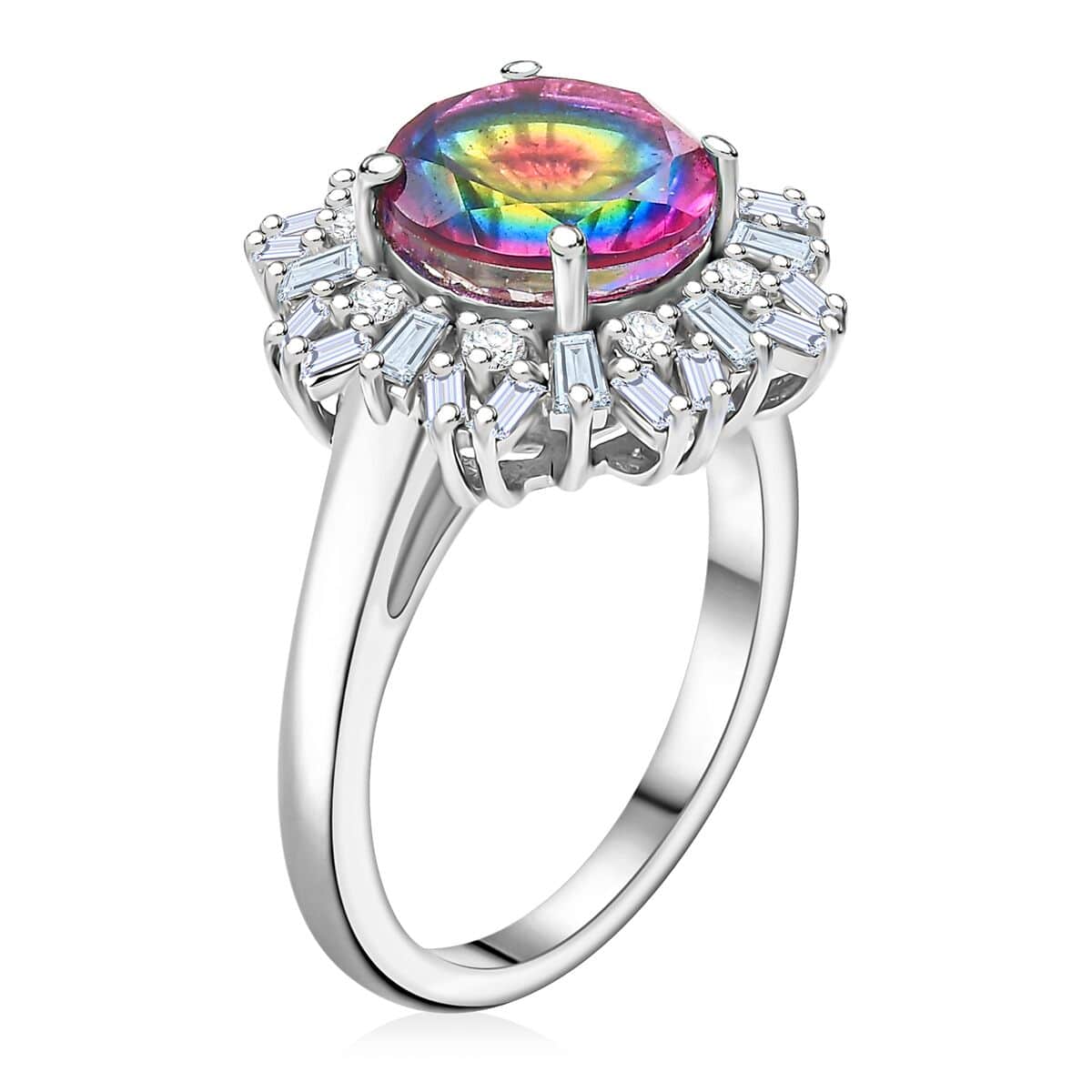 Nebula Quartz Doublet and Moissanite 3.75 ctw Sunburst Ring in Rhodium Over Sterling Silver (Size 9.0) image number 3