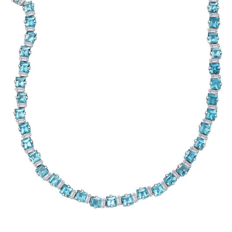 D'Joy Premium Betroka Blue Apatite and Moissanite 29.50 ctw Sea Waves Necklace in Rhodium Over Sterling Silver 18 Inches