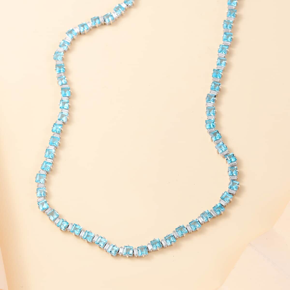 Premium Betroka Blue Apatite and Moissanite 29.50 ctw Sea Waves Necklace in Rhodium Over Sterling Silver 18 Inches image number 1