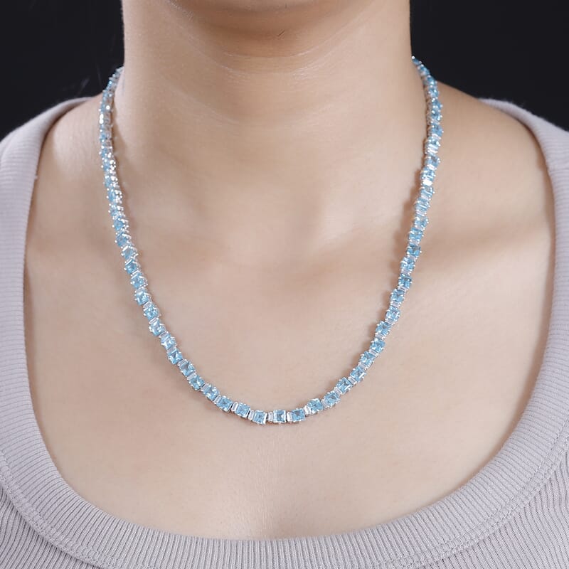 D'Joy Premium Betroka Blue Apatite and Moissanite 29.50 ctw Sea Waves Necklace in Rhodium Over Sterling Silver 18 Inches